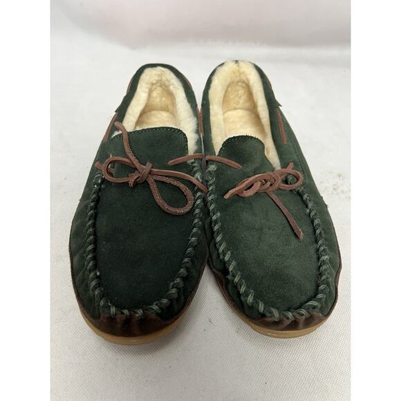 L.L.Bean Wicked Good Moccasin Slippers Mens 11 Green Suede Shearling Lined - Picture 7 of 12